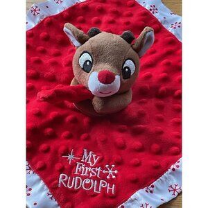 Rudolph The Red Nosed Reindeer Soft Baby Security Blanket Plush Lovey Red White